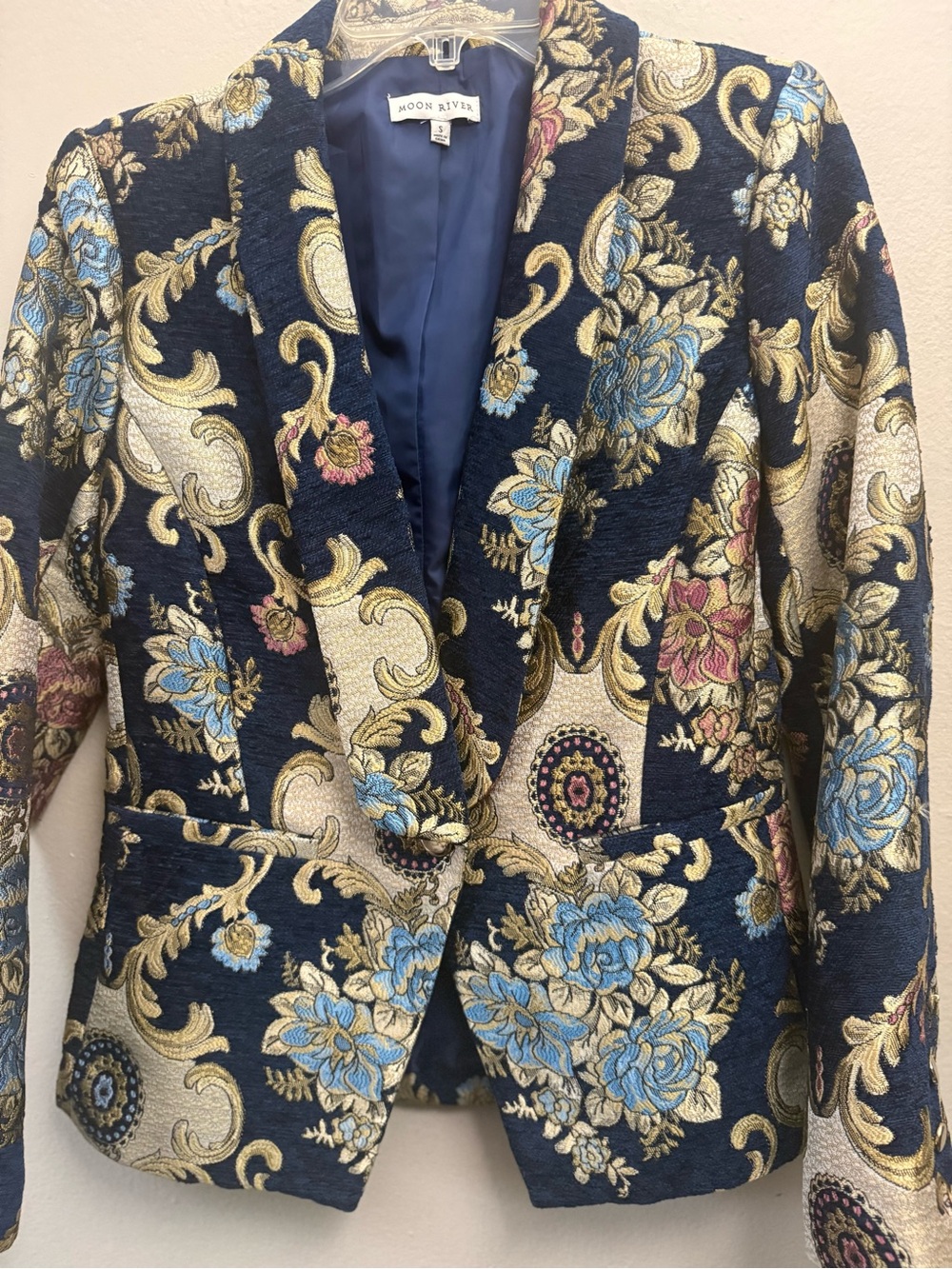 Moon River Navy Floral Jacquard Blazer with Gold Accents - Picture 3 of 8